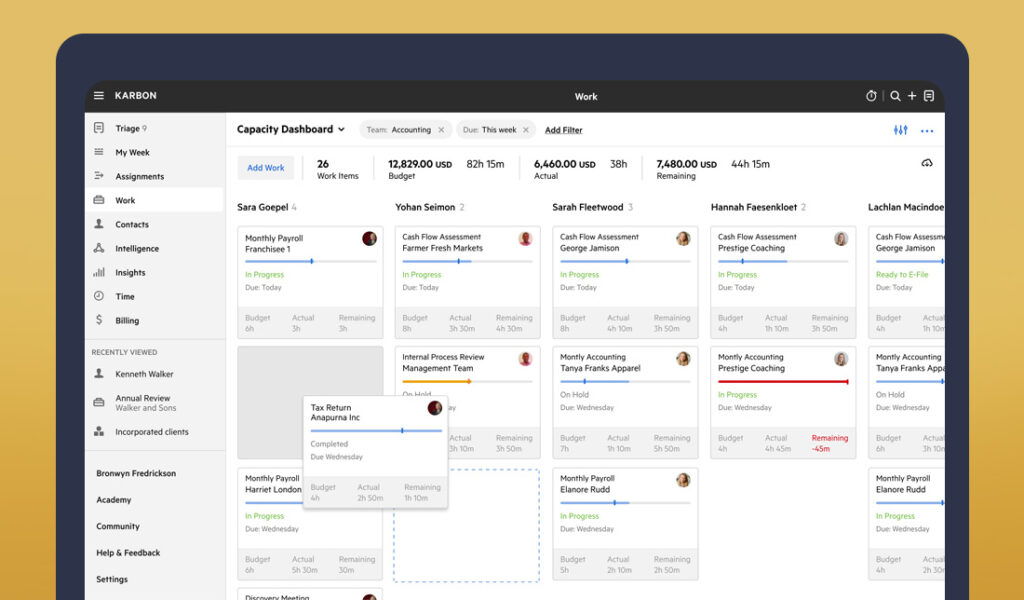 A capacity dashboard view in Karbon using the Kanban view functionality_